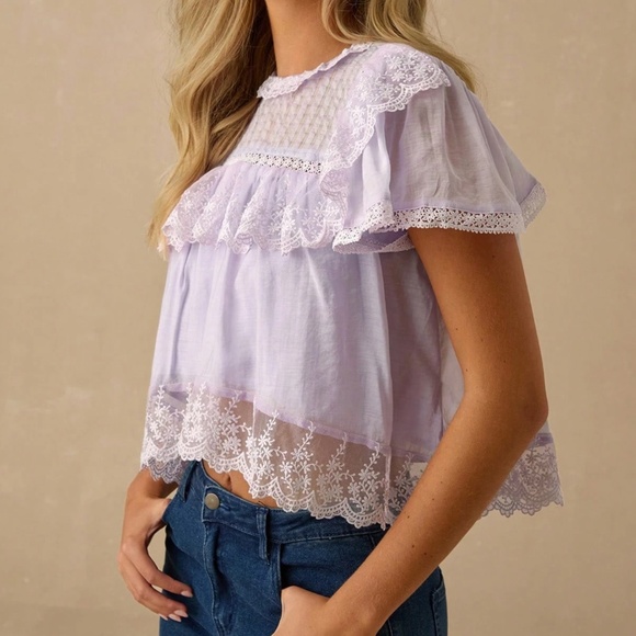 Boho Lace Ruffled Butterfly Sleeve Loose Fit Short Sleeve Blouse - Picture 4 of 5